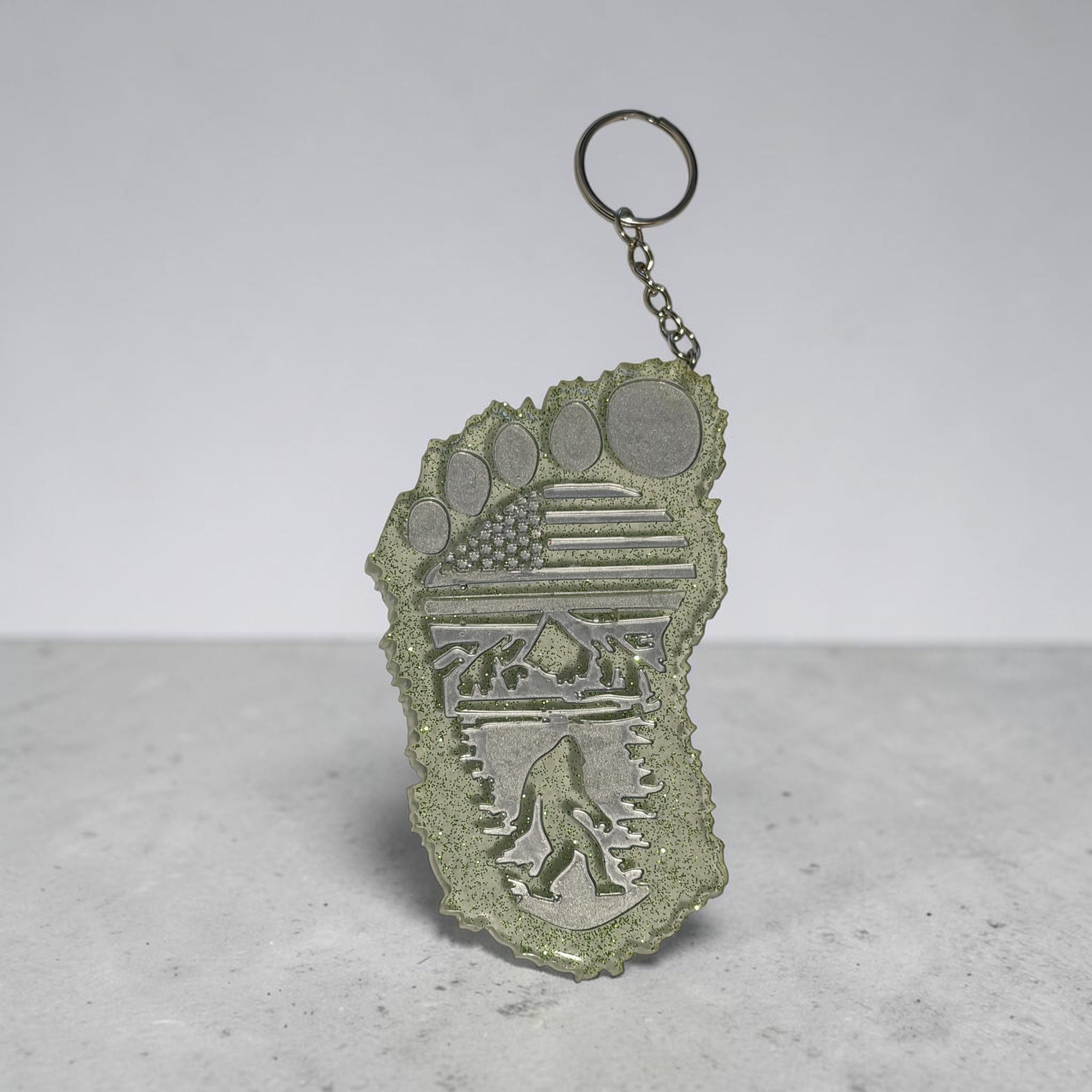 Handmade Bigfoot Footprint Resin Keychain – Glitter Woodland Design