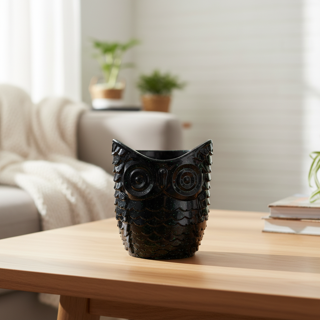 Black Glitter Resin Owl Holder on Table