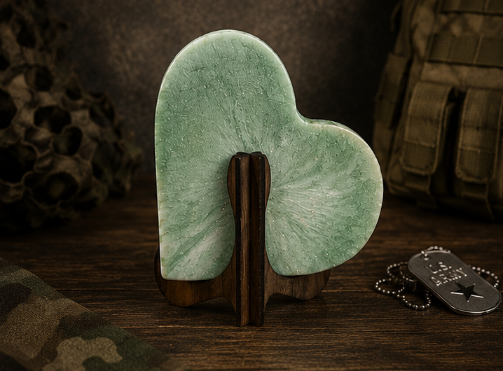 Four-angle collage of sage green military memorial heart plaque