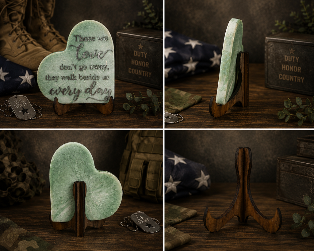 Back view of sage green resin heart plaque on wooden easel stand