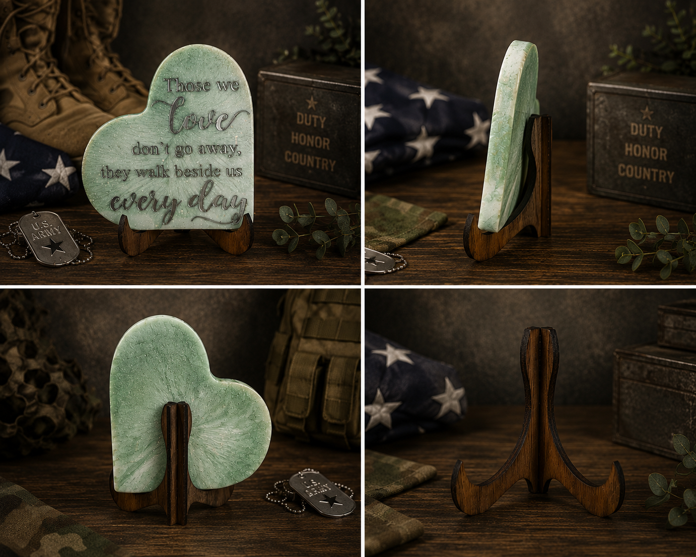 Back view of sage green resin heart plaque on wooden easel stand