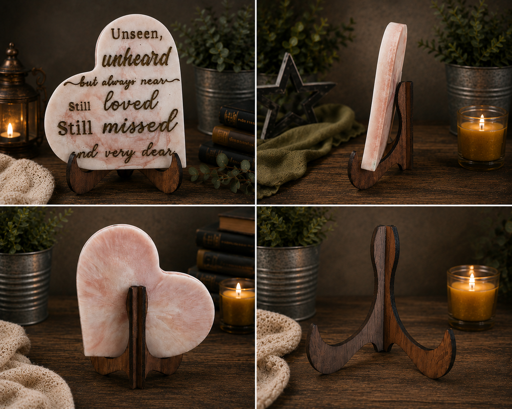 Pink resin heart plaque back view on wooden stand