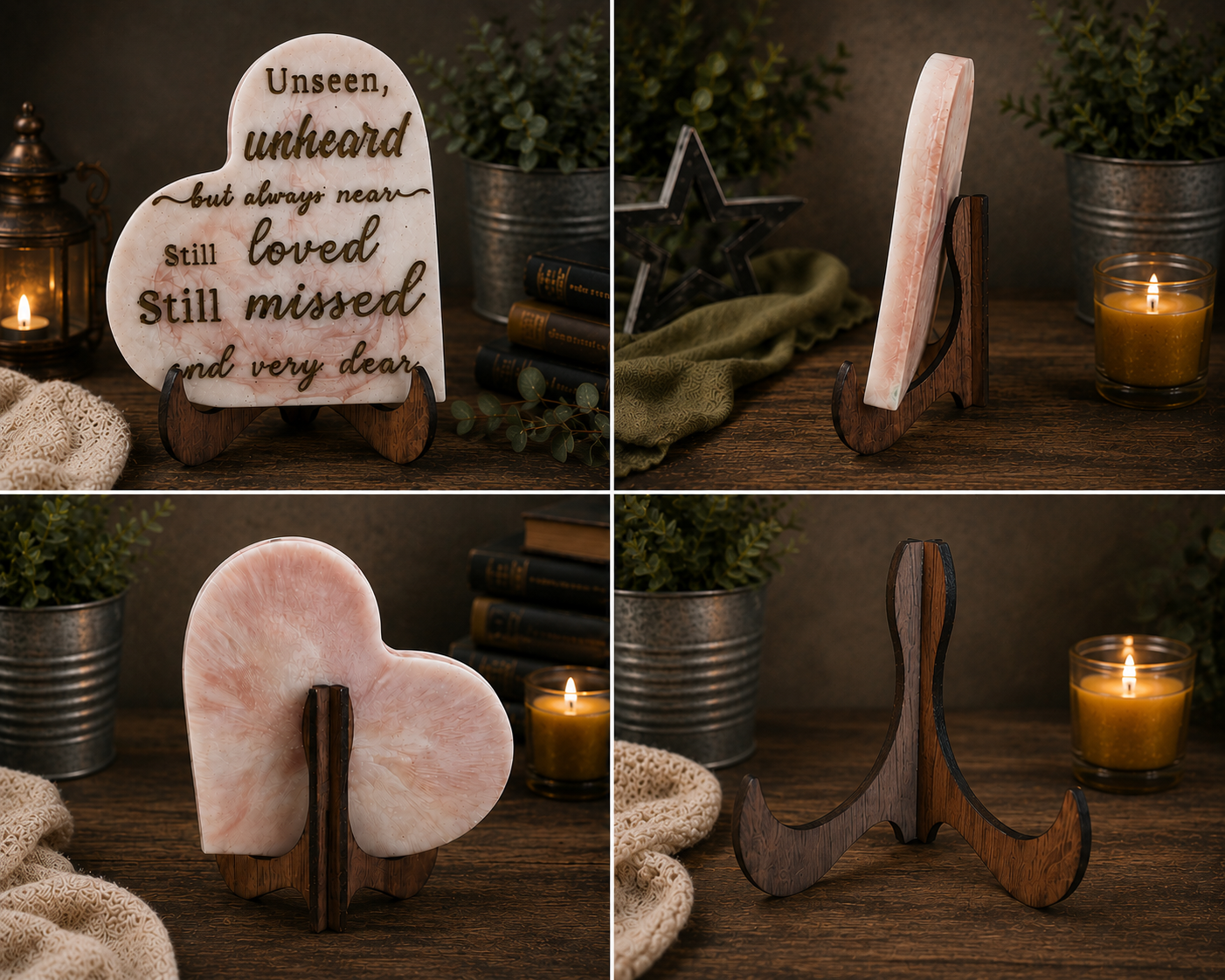 Pink resin heart plaque back view on wooden stand