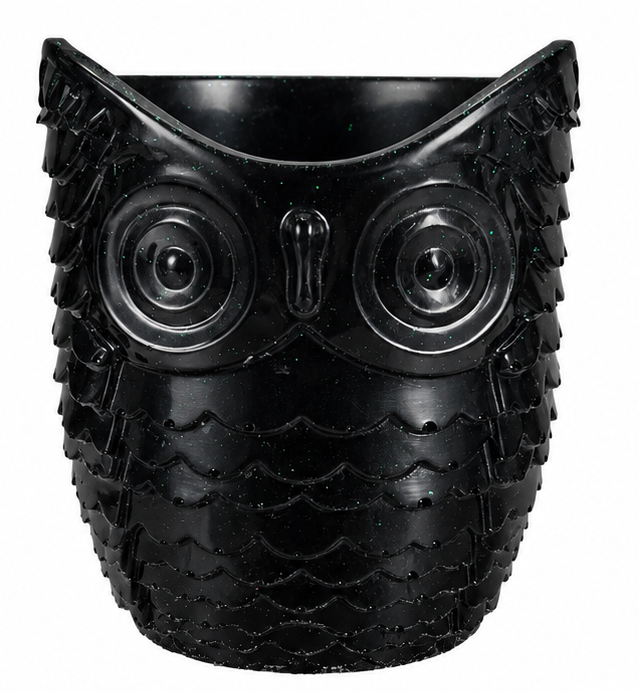 Front view of handcrafted black glitter resin owl holder with emerald shimmer