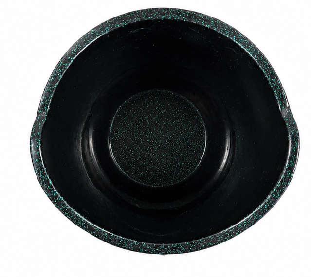 Top view of handcrafted black glitter resin owl holder showing open interior with emerald glitter