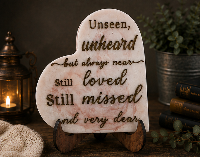 Pink resin heart plaque on wooden easel stand, side view