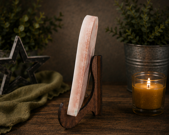 Dark wooden easel display stand, front view