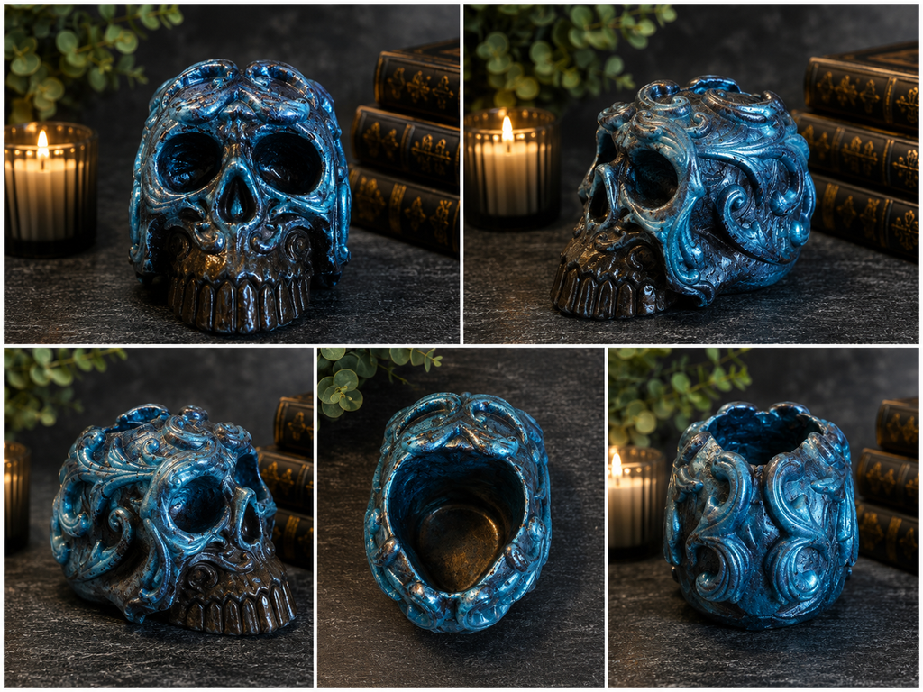 Blue Filigree Skull Pen Holder