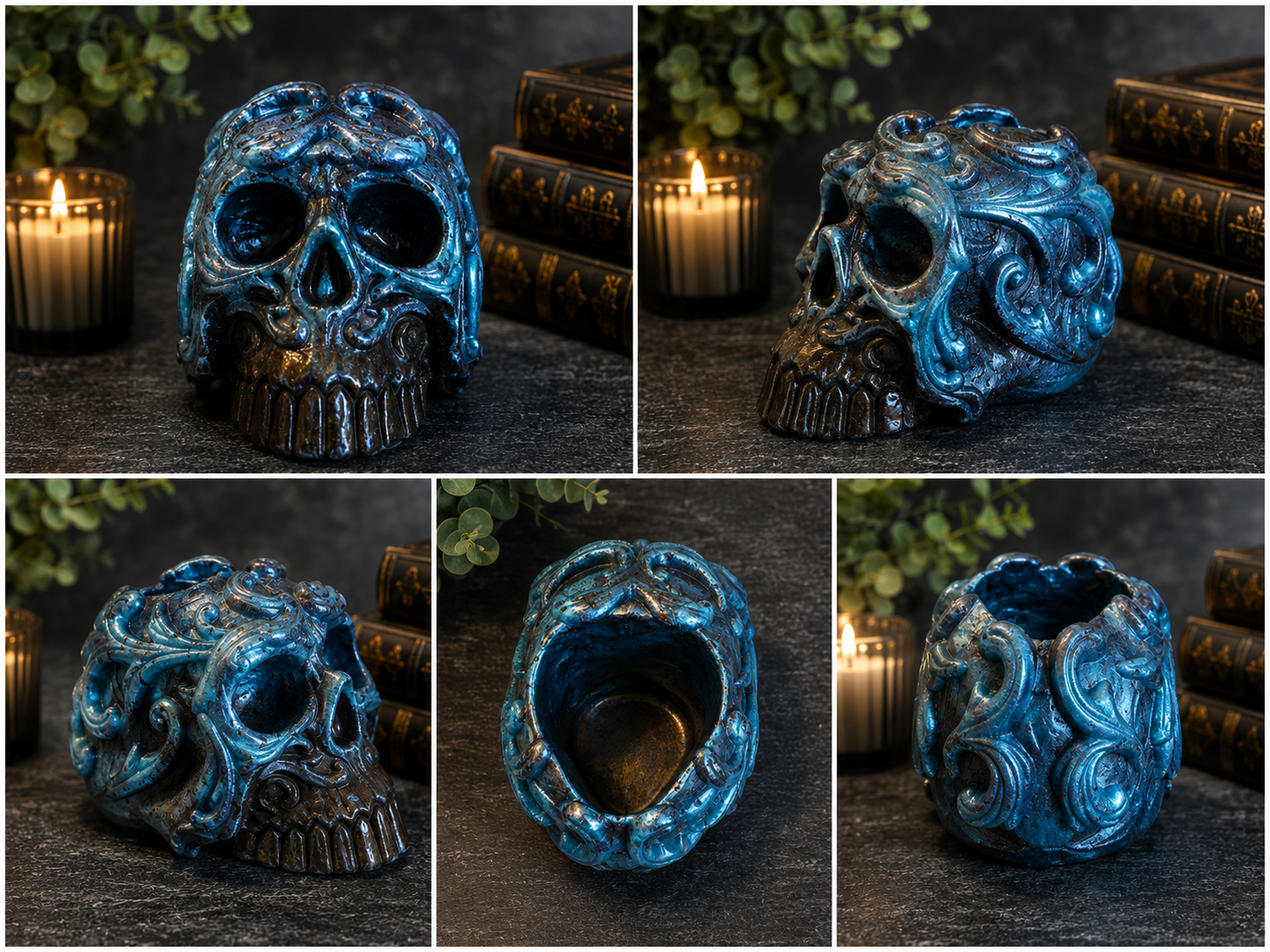 Blue Filigree Skull Pen Holder