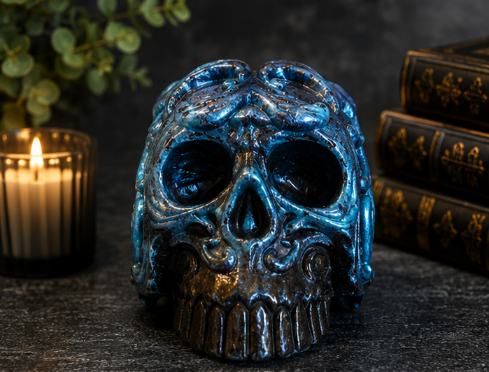 Blue Filigree Skull Pen Holder