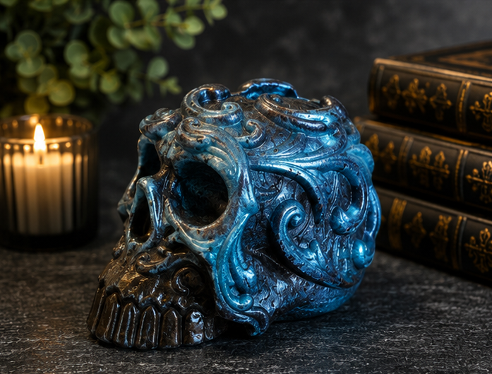 Blue Filigree Skull Pen Holder