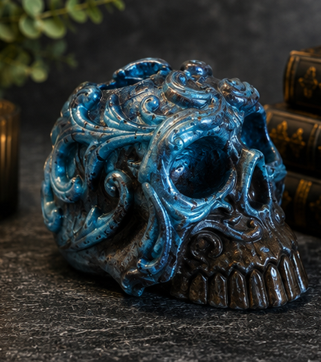 Blue Filigree Skull Pen Holder
