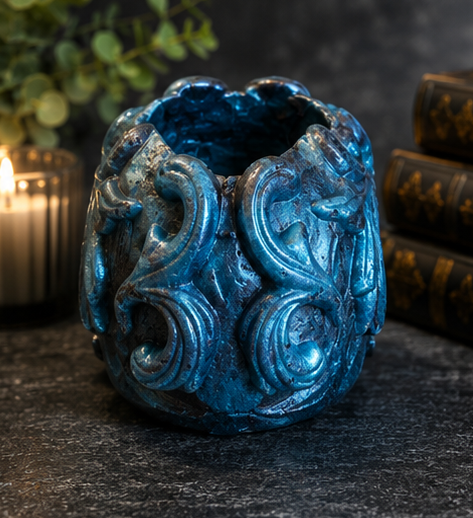 Blue Filigree Skull Pen Holder