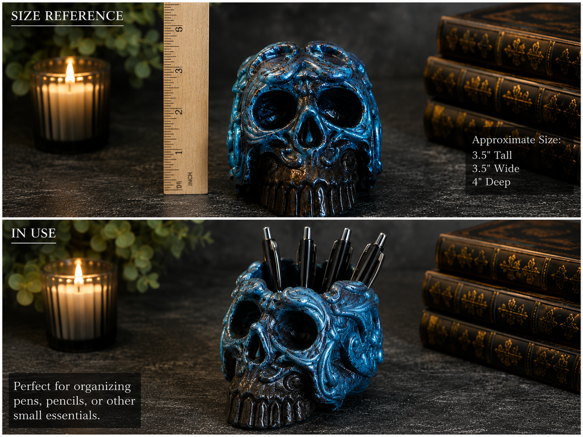 Blue Filigree Skull Pen Holder