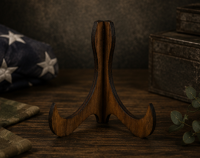 Dark walnut wooden easel display stand, standalone view